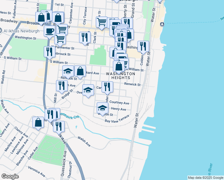 map of restaurants, bars, coffee shops, grocery stores, and more near 102 South Lander Street in Newburgh