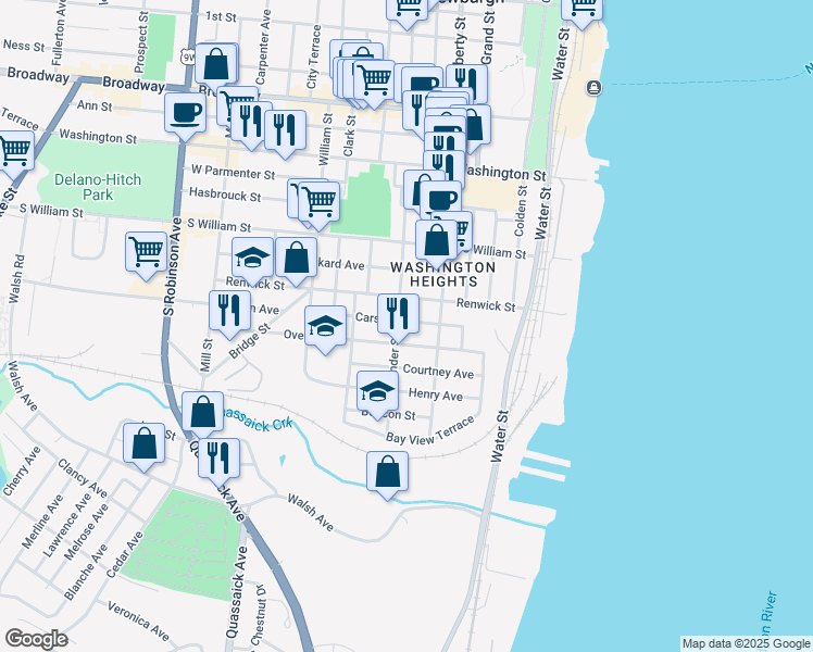 map of restaurants, bars, coffee shops, grocery stores, and more near 102 South Lander Street in Newburgh