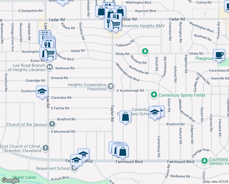 map of restaurants, bars, coffee shops, grocery stores, and more near 3432 Clarendon Road in Cleveland Heights