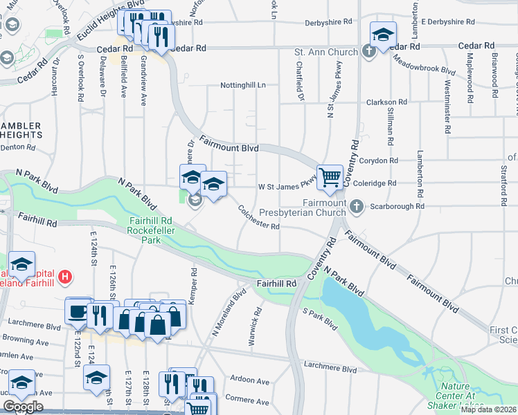 map of restaurants, bars, coffee shops, grocery stores, and more near 2616 Colchester Road in Cleveland Heights