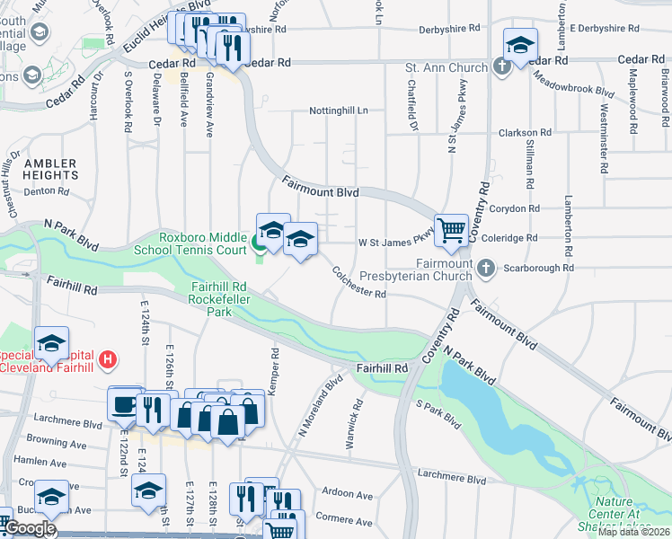 map of restaurants, bars, coffee shops, grocery stores, and more near 2444 Woodmere Drive in Cleveland Heights