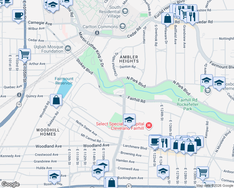 map of restaurants, bars, coffee shops, grocery stores, and more near 11220 Stokes Boulevard in Cleveland