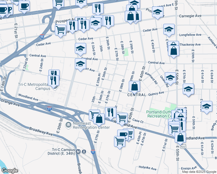 map of restaurants, bars, coffee shops, grocery stores, and more near 2437 East 37th Street in Cleveland