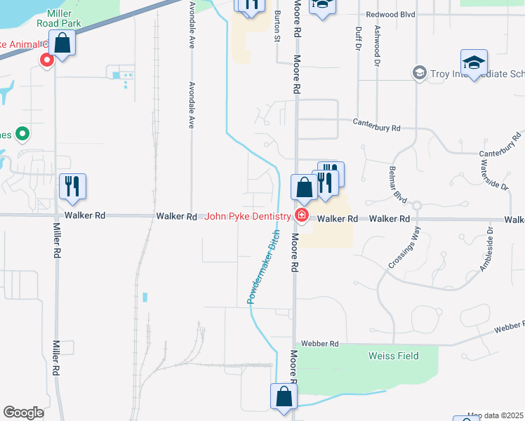 map of restaurants, bars, coffee shops, grocery stores, and more near 33582 Walker Road in Avon Lake
