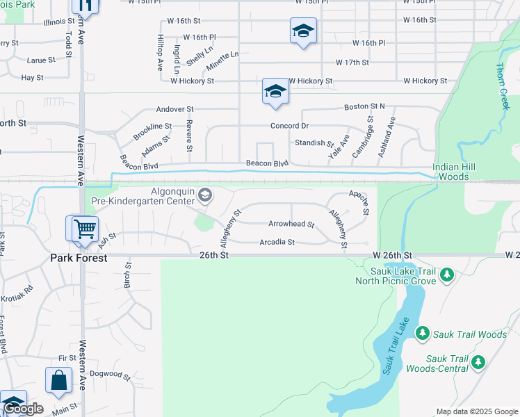 map of restaurants, bars, coffee shops, grocery stores, and more near 239 Arrowhead Street in Park Forest