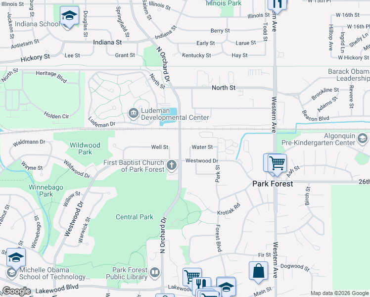map of restaurants, bars, coffee shops, grocery stores, and more near 92 Westwood Drive in Park Forest