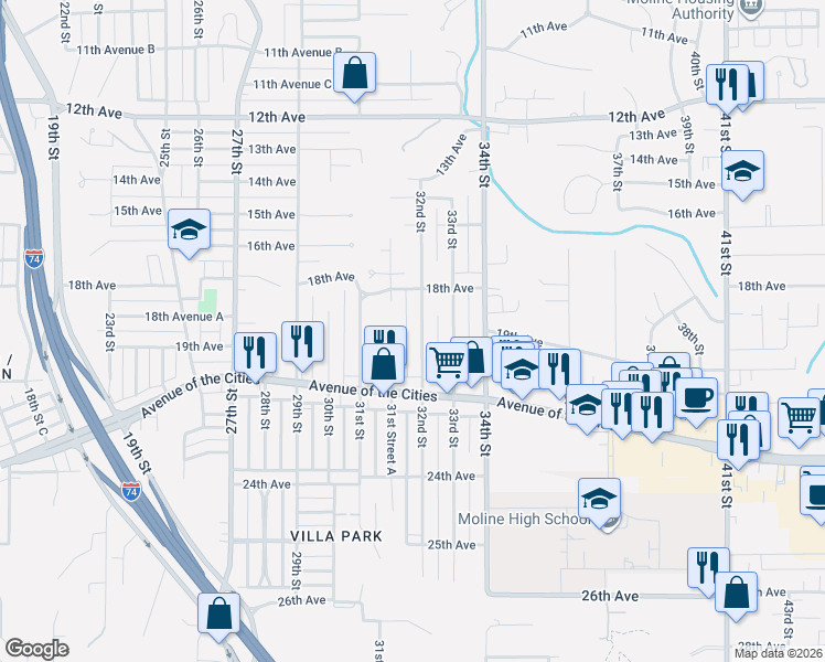 map of restaurants, bars, coffee shops, grocery stores, and more near 1917 32nd Street in Moline
