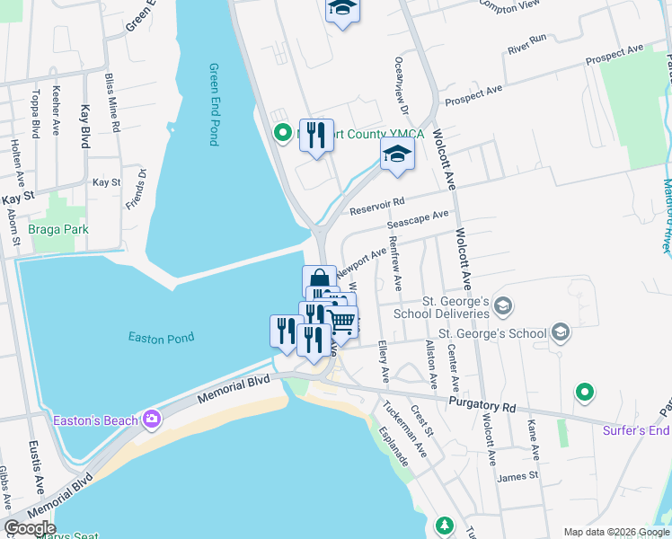 map of restaurants, bars, coffee shops, grocery stores, and more near 26 Newport Avenue in Middletown