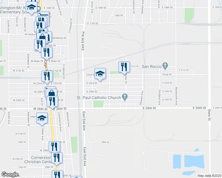 map of restaurants, bars, coffee shops, grocery stores, and more near 2323 Wallace Street in Chicago Heights