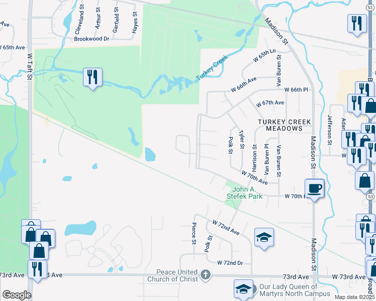 map of restaurants, bars, coffee shops, grocery stores, and more near 6978 Fillmore Drive in Merrillville