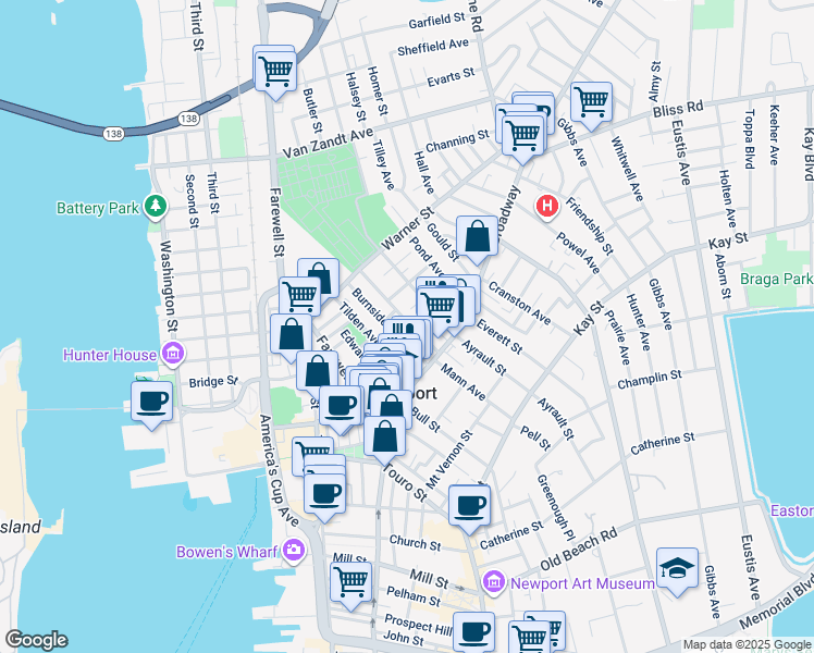 map of restaurants, bars, coffee shops, grocery stores, and more near 10A Collins Street in Newport
