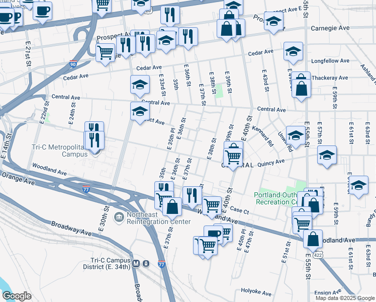 map of restaurants, bars, coffee shops, grocery stores, and more near 2437 East 37th Street in Cleveland