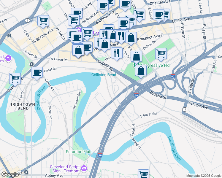 map of restaurants, bars, coffee shops, grocery stores, and more near 2380 Canal Rd in Cleveland