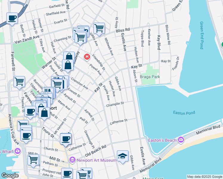 map of restaurants, bars, coffee shops, grocery stores, and more near 25 Hunter Avenue in Newport