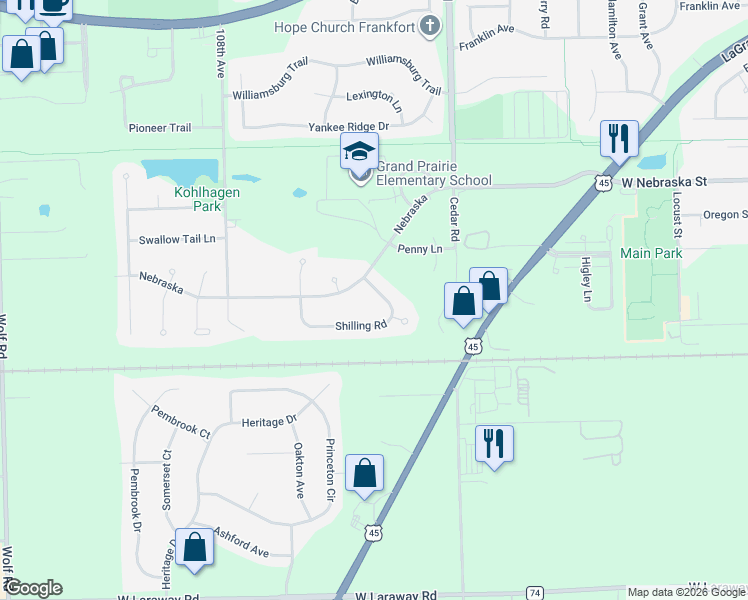 map of restaurants, bars, coffee shops, grocery stores, and more near 10509 Shilling Road in Frankfort