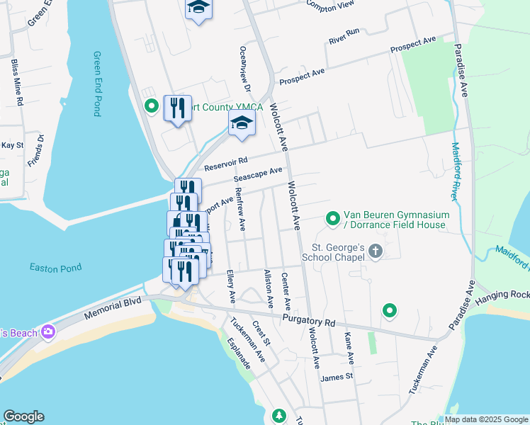 map of restaurants, bars, coffee shops, grocery stores, and more near 46 Allston Avenue in Middletown