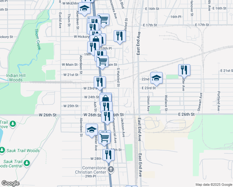 map of restaurants, bars, coffee shops, grocery stores, and more near 2312 South Halsted Street in Chicago Heights