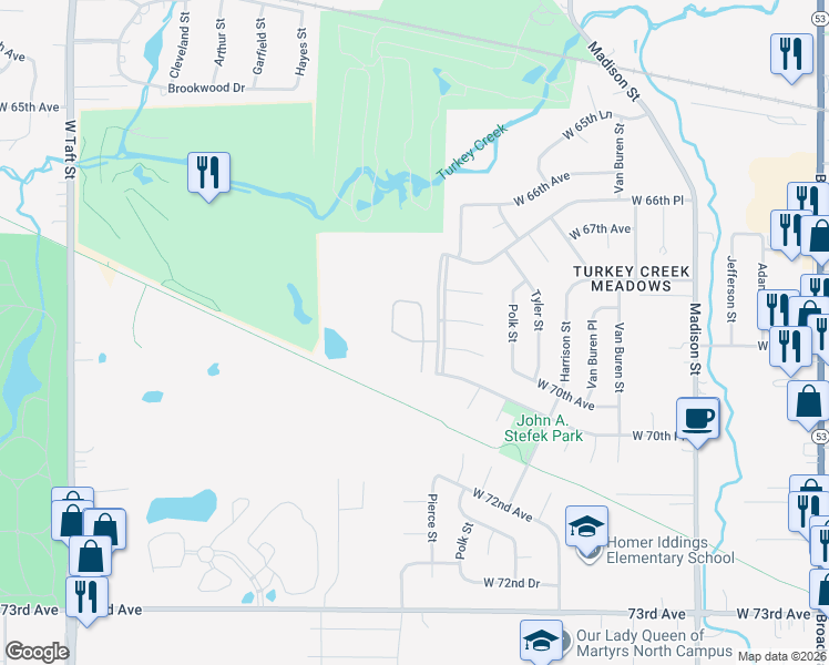 map of restaurants, bars, coffee shops, grocery stores, and more near 6871 Fillmore Drive in Merrillville