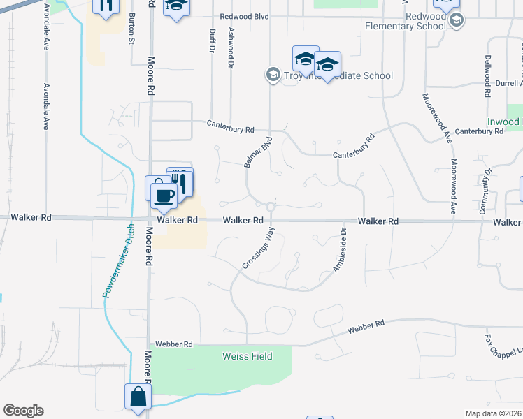 map of restaurants, bars, coffee shops, grocery stores, and more near 412 Belmar Boulevard in Avon Lake