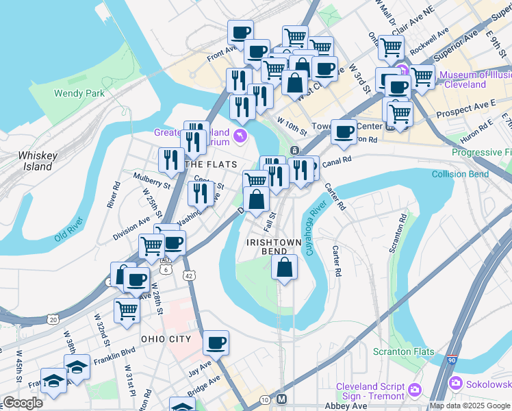map of restaurants, bars, coffee shops, grocery stores, and more near 1600 Merwin Avenue in Cleveland