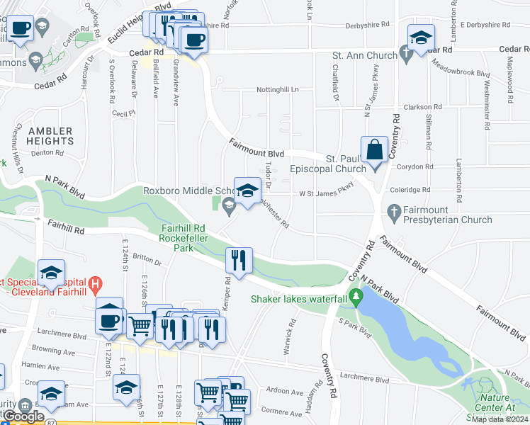map of restaurants, bars, coffee shops, grocery stores, and more near 2582 Colchester Rd in Cleveland