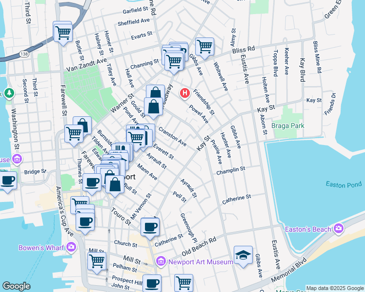 map of restaurants, bars, coffee shops, grocery stores, and more near 26 Cranston Avenue in Newport