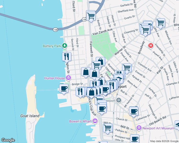 map of restaurants, bars, coffee shops, grocery stores, and more near 1 Willow Street in Newport