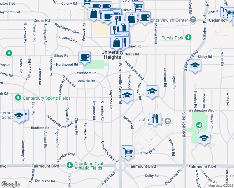map of restaurants, bars, coffee shops, grocery stores, and more near 2393 Saybrook Road in University Heights