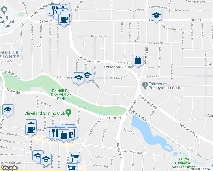 map of restaurants, bars, coffee shops, grocery stores, and more near 2612 West Saint James Parkway in Cleveland Heights