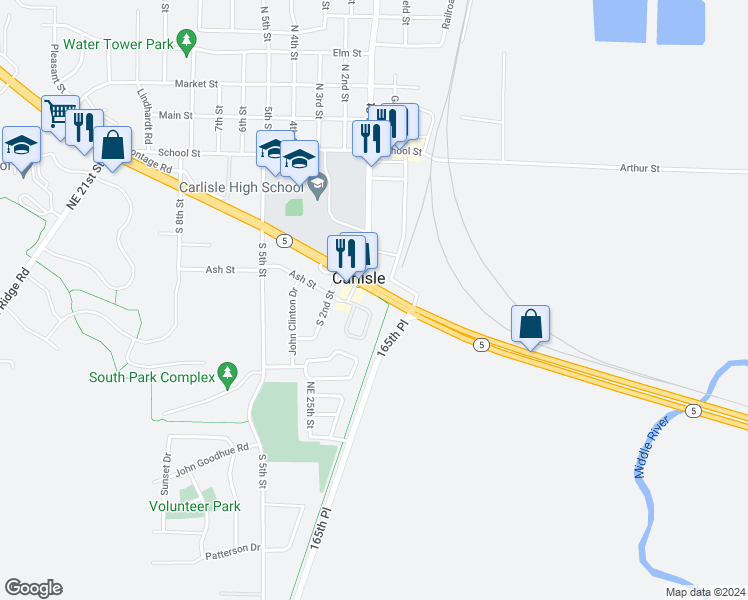 map of restaurants, bars, coffee shops, grocery stores, and more near 208-214 South Garfield Street in Carlisle