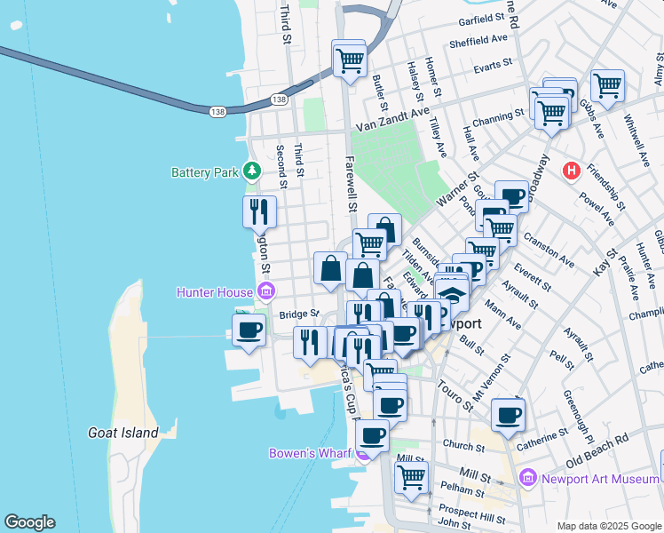 map of restaurants, bars, coffee shops, grocery stores, and more near 3 Chase Street in Newport