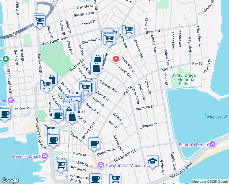 map of restaurants, bars, coffee shops, grocery stores, and more near 31 Cranston Avenue in Newport