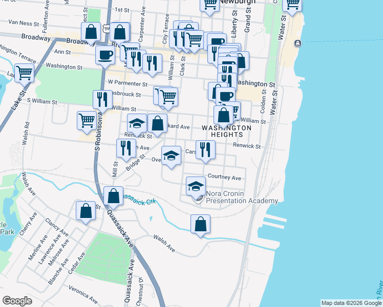 map of restaurants, bars, coffee shops, grocery stores, and more near 153 Renwick Street in Newburgh