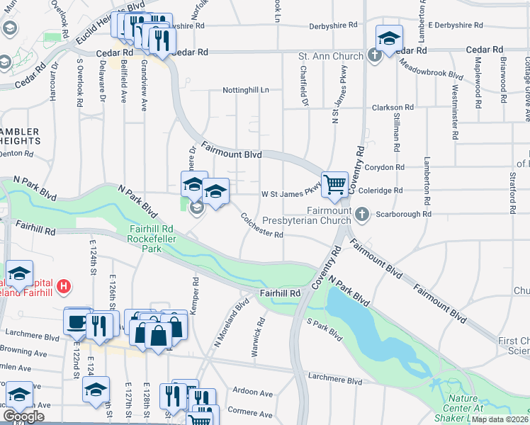 map of restaurants, bars, coffee shops, grocery stores, and more near 2413 Woodmere Drive in Cleveland Heights