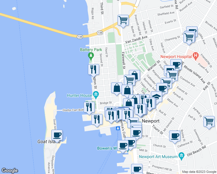 map of restaurants, bars, coffee shops, grocery stores, and more near 34 3rd Street in Newport