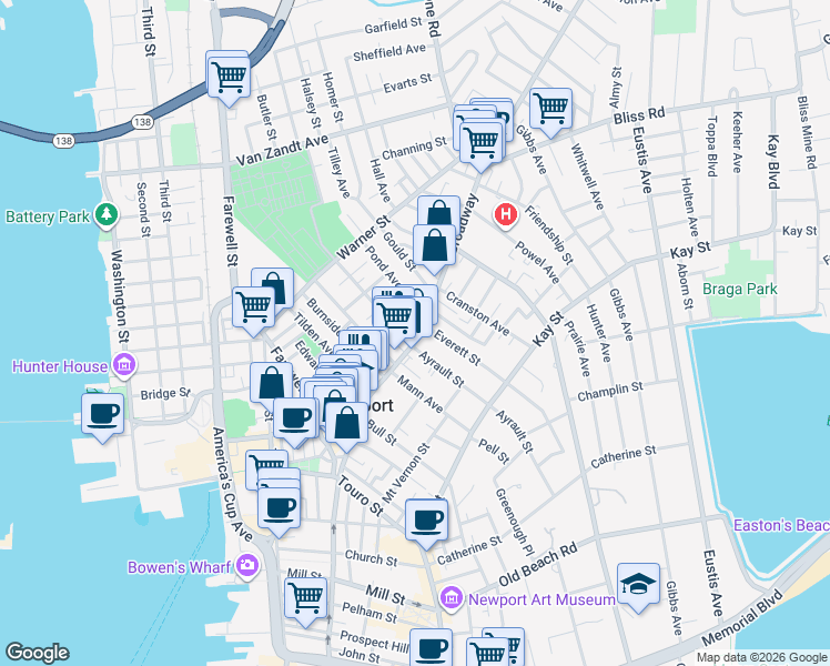 map of restaurants, bars, coffee shops, grocery stores, and more near 154 Broadway in Newport