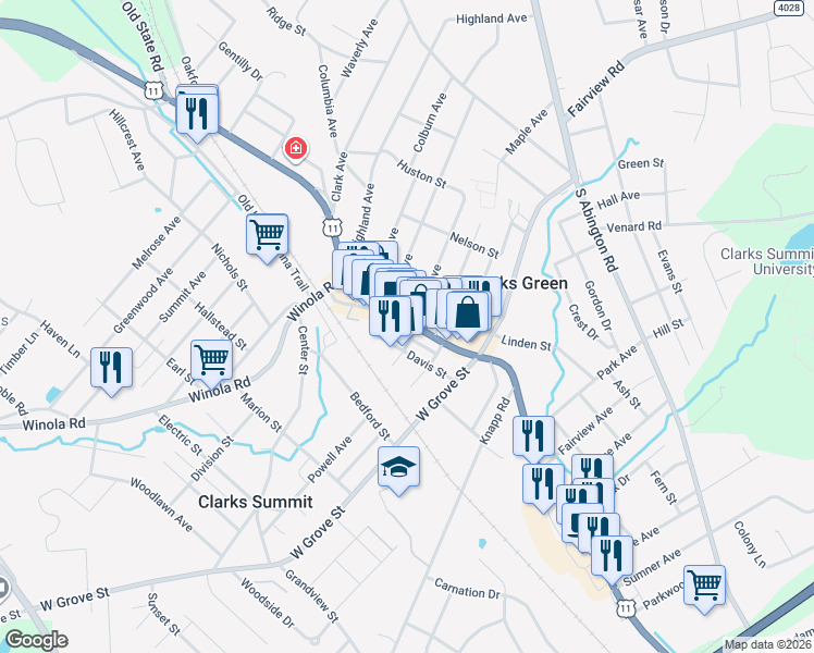 map of restaurants, bars, coffee shops, grocery stores, and more near 199 Stone Avenue in Clarks Summit