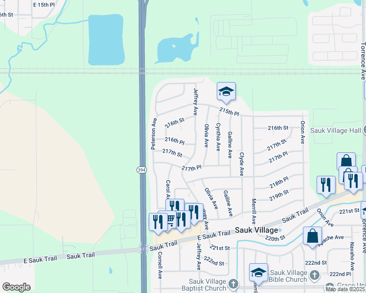 map of restaurants, bars, coffee shops, grocery stores, and more near 1628 216th Place in Sauk Village