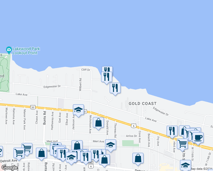 map of restaurants, bars, coffee shops, grocery stores, and more near 12900 Lake Avenue in Lakewood