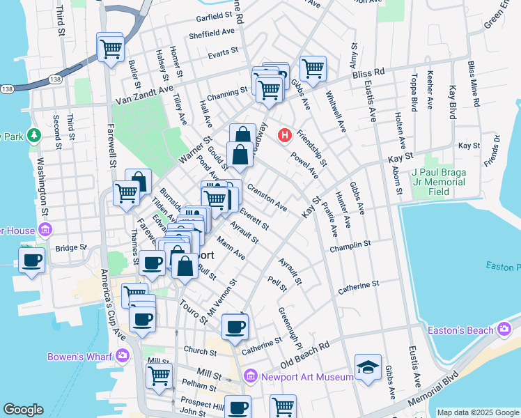 map of restaurants, bars, coffee shops, grocery stores, and more near 20 Calvert Street in Newport