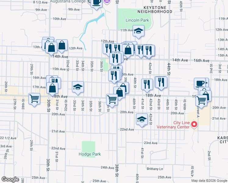 map of restaurants, bars, coffee shops, grocery stores, and more near 1612 38th Street in Rock Island