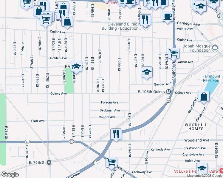 map of restaurants, bars, coffee shops, grocery stores, and more near 2355 East 89th Street in Cleveland