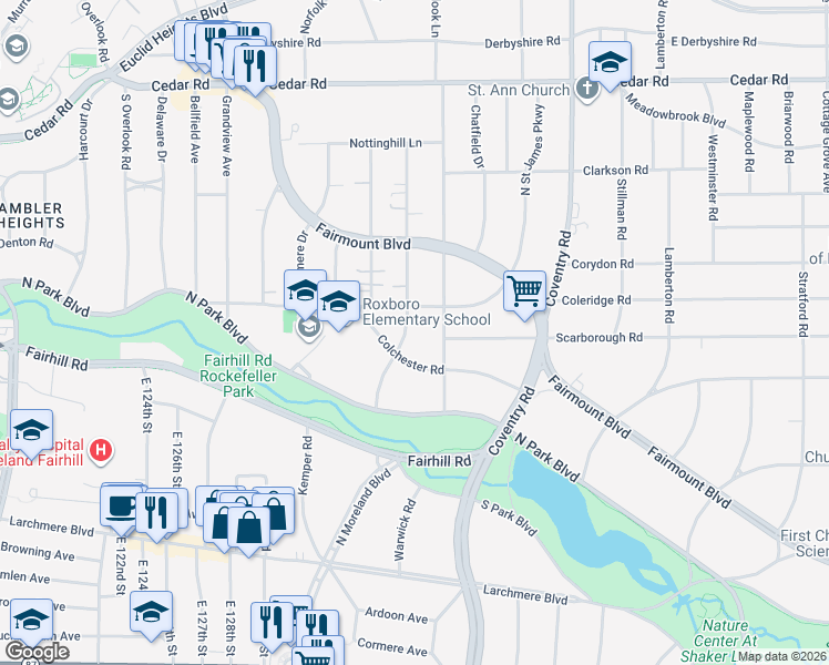 map of restaurants, bars, coffee shops, grocery stores, and more near 2612 West Saint James Parkway in Cleveland Heights