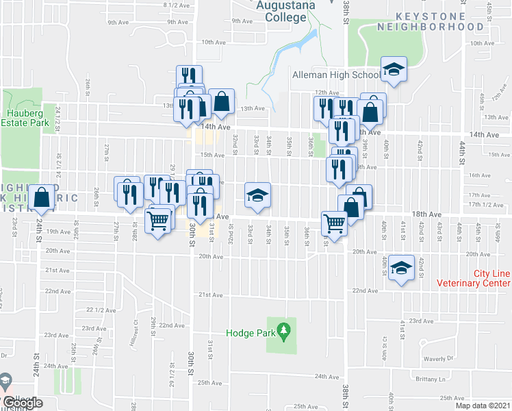 map of restaurants, bars, coffee shops, grocery stores, and more near 1704-06 33rd Street in Rock Island