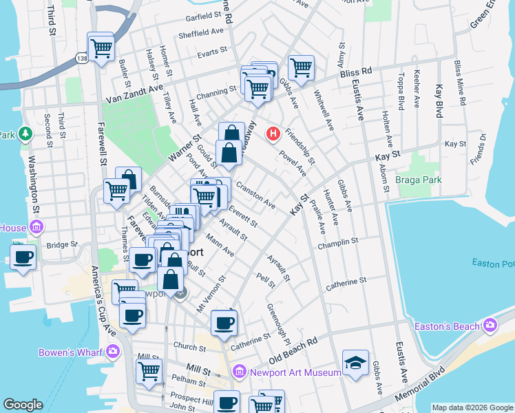 map of restaurants, bars, coffee shops, grocery stores, and more near 26 Cranston Avenue in Newport