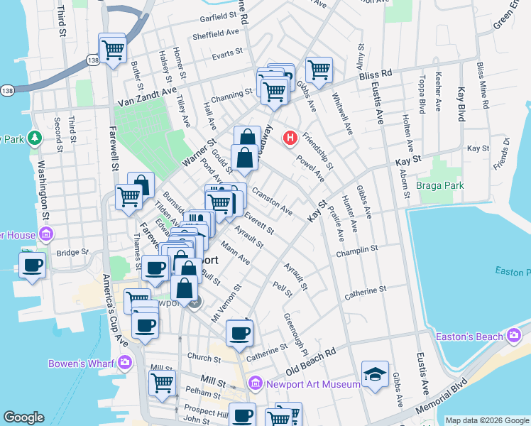 map of restaurants, bars, coffee shops, grocery stores, and more near 26 Cranston Avenue in Newport