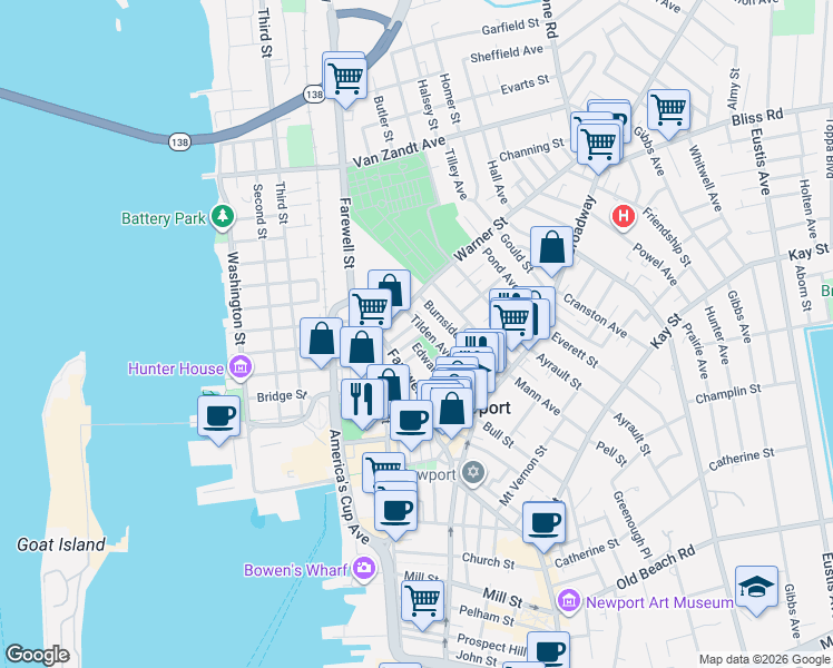 map of restaurants, bars, coffee shops, grocery stores, and more near 80 Tilden Avenue in Newport