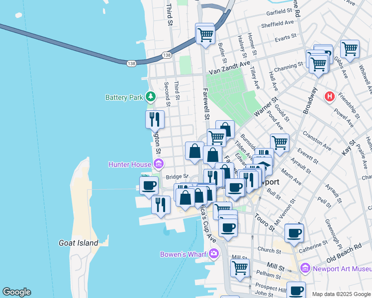 map of restaurants, bars, coffee shops, grocery stores, and more near 42 3rd Street in Newport