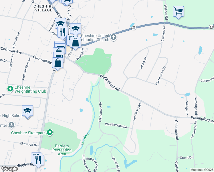 map of restaurants, bars, coffee shops, grocery stores, and more near 177 Wallingford Road in Cheshire