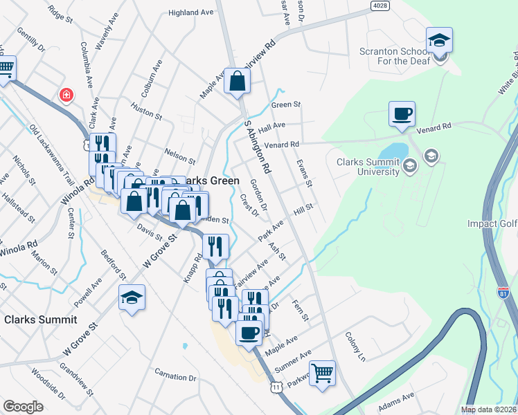 map of restaurants, bars, coffee shops, grocery stores, and more near 314 Gordon Drive in Clarks Green